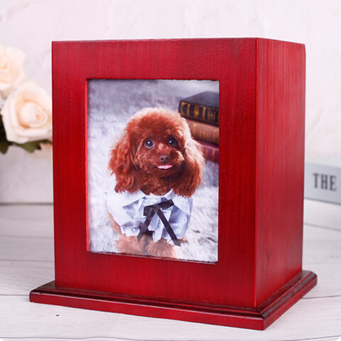 Red photo fashionable pet urns for pets' funeral, cat and dog ashes containers.